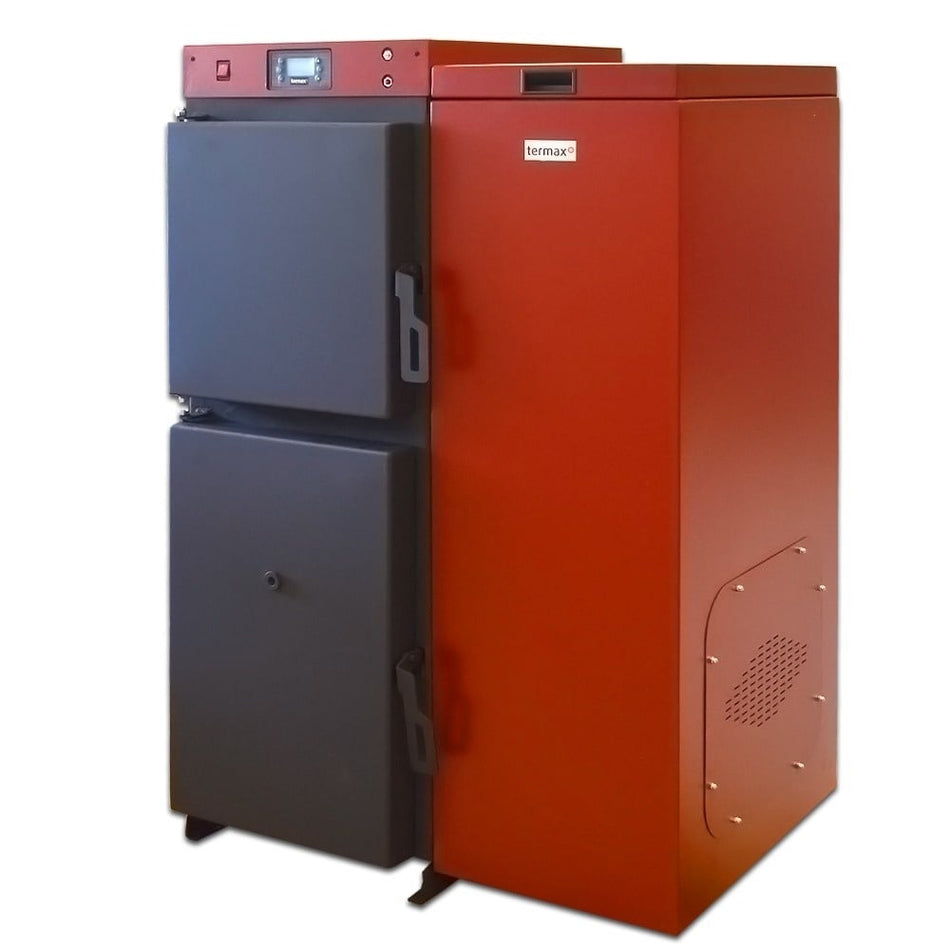 Centrala mixta lemn/pelet Termax Tera 40 kW, 265 m2, buncar peleti 120 kg, volum manta apa 100 litri, diametru cos Ø120 mm