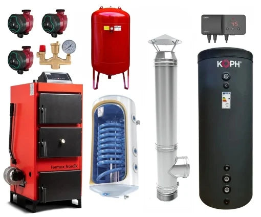 Pachet Centrala/Cazan pe lemn/carbune Termax Nordik 29 kW cu ventilator si automatizare, Øcos fum 130 mm, volum manta apa 70 litri, Boiler termoelectric 120 litri, Vas expansiune, Grup siguranta, Pompe recirculare, Puffer 500 litri clasa energetica B