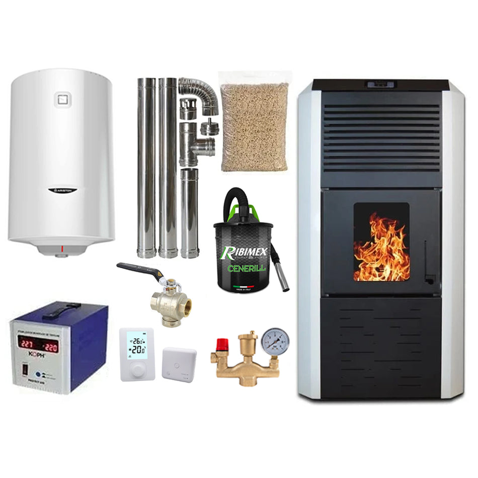 Pachet termosemineu cu peleti Termax Kamin ECO, 30 kW, 220 mp, buncar peleti 55 kg, volum apa 49 litri, diametru cos fum ⌀80 mm, vas expansiune si pompa recirculare incluse, Alb, Grup siguranta si Boiler termoelectric Ariston 100 litri