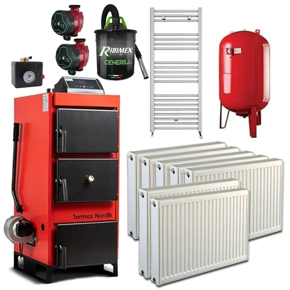 Pachet cazan pe lemn/carbune Termax Nordik 29 kW cu ventilator si automatizare, Calorifere, Vas Expansiune, Grup Siguranta, Pompe Recirculare, Regulator Tiraj