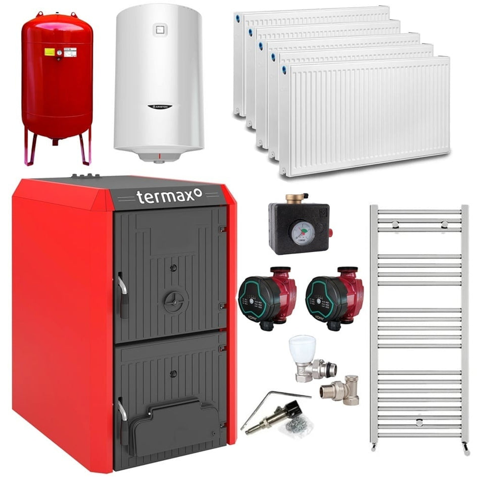 Pachet Centrala/Cazan fonta Termax Bio 25 kW, biomasa, Ø 147 mm, volum apa 39 litri, Regulator de tiraj, Grup siguranta, Calorifere, Robineti tur/retur, Pompe recirculare, Vas expansiune si Boiler termoelectric 100 litri