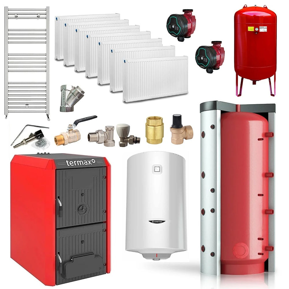 Pachet Centrala/Cazan fonta Termax Bio 34 kW, biomasa, Ø 147 mm, volum apa 48 litri, Regulator de tiraj si Grup siguranta inclus, Calorifere, Pompe Recirculare, Accesorii Montaj