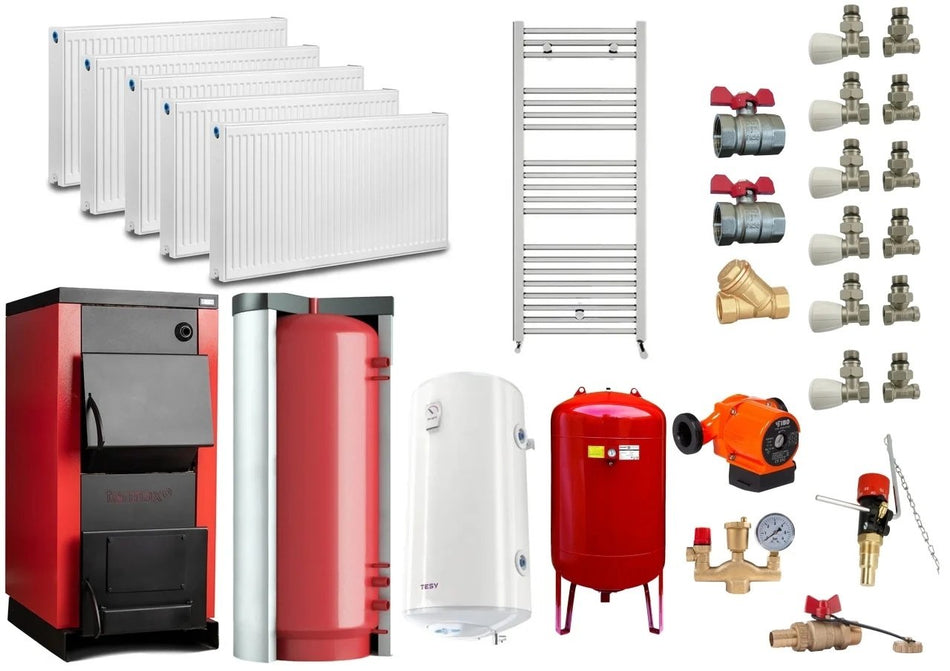 Pachet Centrala/Cazan pe combustibil solid Termax 35 kW, Puffer 1000 litri, Radiatoare Otel, Boiler Termoelectric 100 litri, Vas Expansiune, Pompa Recirculare si Fitinguri Montaj