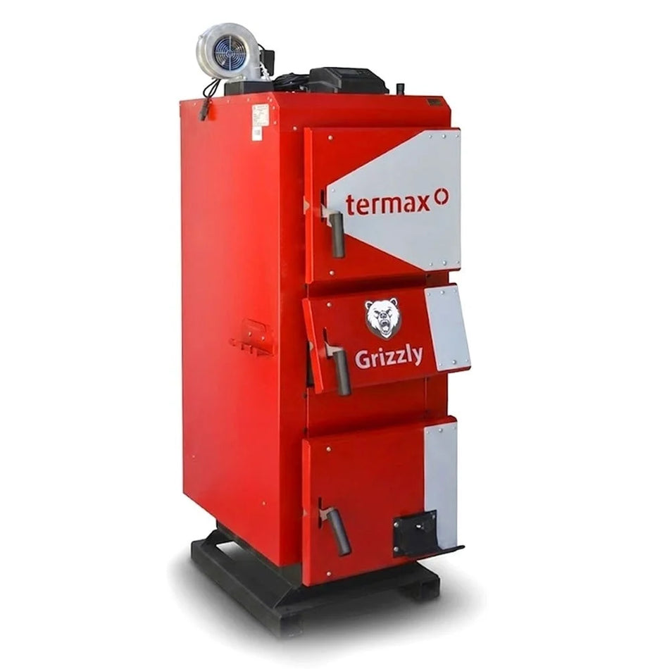 Centrala/Cazan pe lemn/carbune Termax Grizzly 27 kW cu ventilator si automatizare, 180 m², Ø cos fum 180 mm, volum manta apa 105 litri, grosime focar 6 mm, randament 86%, 1695 x 1050 x 560 mm