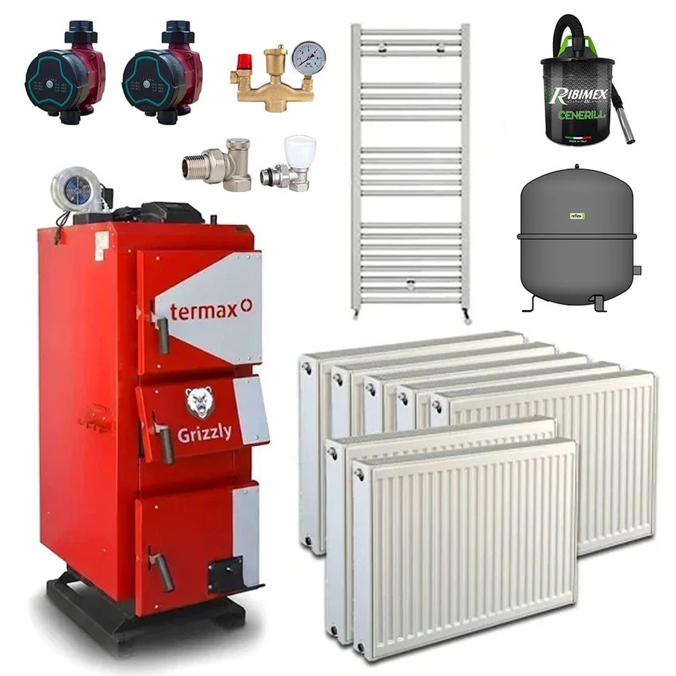 Pachet centrala/Cazan pe lemn/carbune Termax Grizzly 27 kW cu ventilator si automatizare, 180 m², Ø cos fum 180 mm, volum manta apa 105 litri, grosime focar 6 mm, randament 86%, Calorifere, Pompe de recirculare, Grup de siguranta