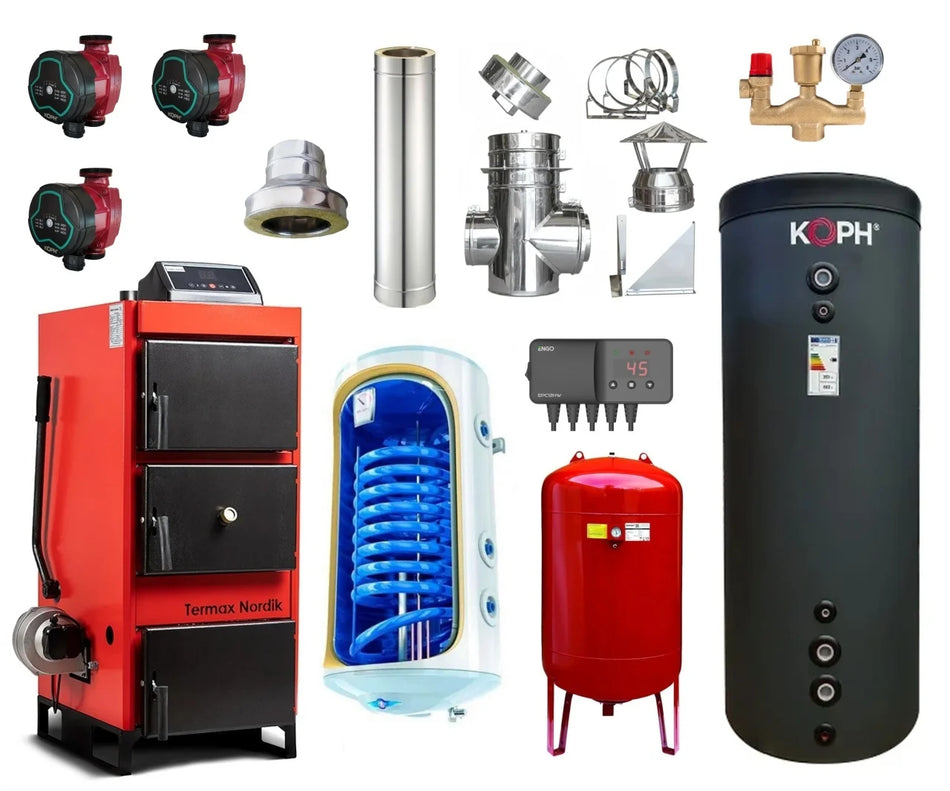 Pachet Centrala/Cazan pe lemn/carbune Termax Nordik 29 kW cu ventilator si automatizare, Øcos fum 130 mm, volum manta apa 70 litri, Boiler termoelectric 150 litri, Vas expansiune, Grup siguranta, Pompe recirculare, Puffer 750 litri clasa energetica B