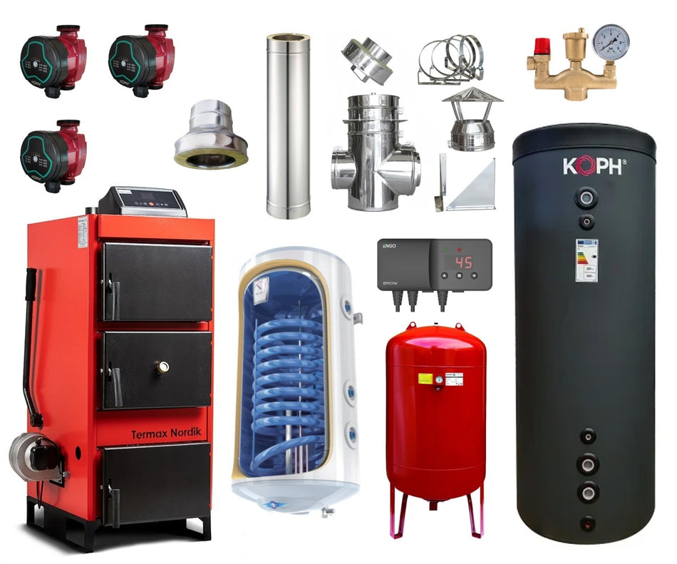Pachet Centrala/Cazan pe lemn/carbune Termax Nordik 29 kW cu ventilator si automatizare, Øcos fum 130 mm, volum manta apa 70 litri, Boiler termoelectric 120 litri, Vas expansiune, Grup siguranta, Pompe recirculare, Puffer 500 litri clasa energetica B