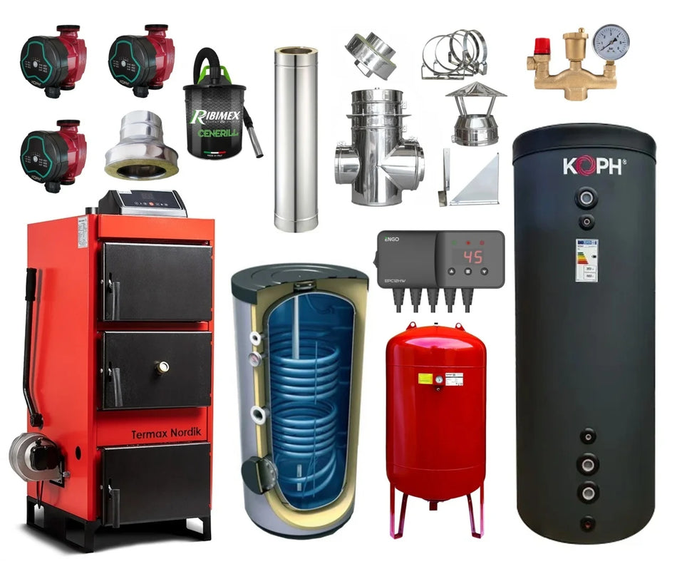 Pachet Centrala/Cazan pe lemn/carbune Termax Nordik 29 kW cu ventilator si automatizare, Øcos fum 130 mm, volum manta apa 70 litri, Boiler stativ 200 litri, Vas expansiune, Grup siguranta, Pompe recirculare, Puffer 1000 litri clasa energetica B