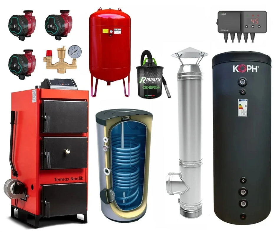 Pachet Centrala/Cazan pe lemn/carbune Termax Nordik 29 kW cu ventilator si automatizare, Øcos fum 130 mm, volum manta apa 70 litri, Boiler stativ 200 litri, Vas expansiune, Grup siguranta, Pompe recirculare, Puffer 1000 litri clasa energetica B