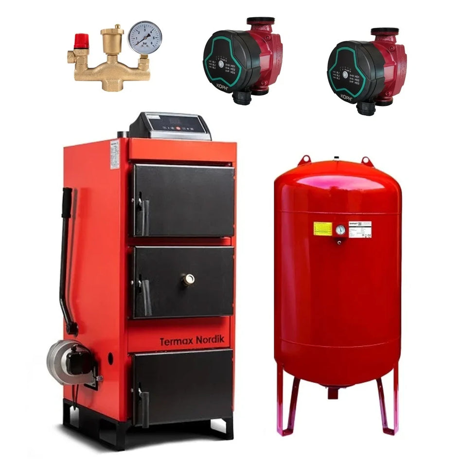 Pachet centrala/Cazan pe lemn/carbune Termax Nordik 29 kW cu ventilator si automatizare, Ø cos fum 130 mm, volum manta apa 70 litri, 3 bar, 1320 x 780 x 485 mm, Grup Siguranta, Pompe Recirculare, Vas Expansiune