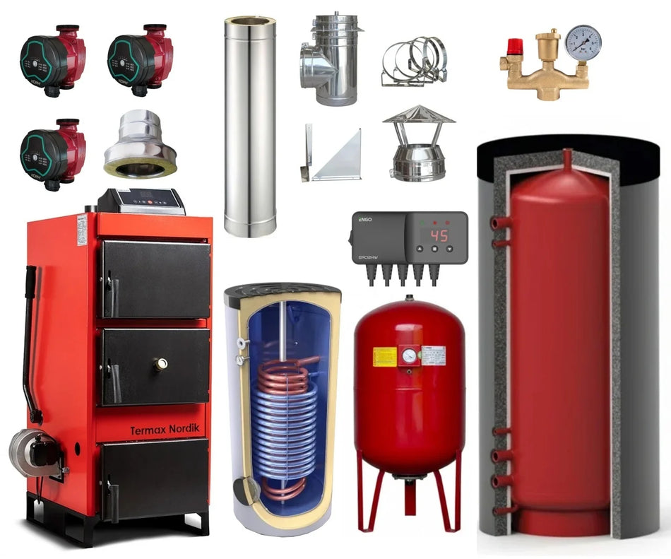 Pachet Centrala/Cazan pe lemn/carbune Termax Nordik 46 kW cu ventilator si automatizare, diametru cos 160 mm, volum manta apa 100 litri, Boiler stativ 300 litri, Vas expansiune, Grup siguranta, Pompe recirculare, Puffer 1500 litri, Controler pompa
