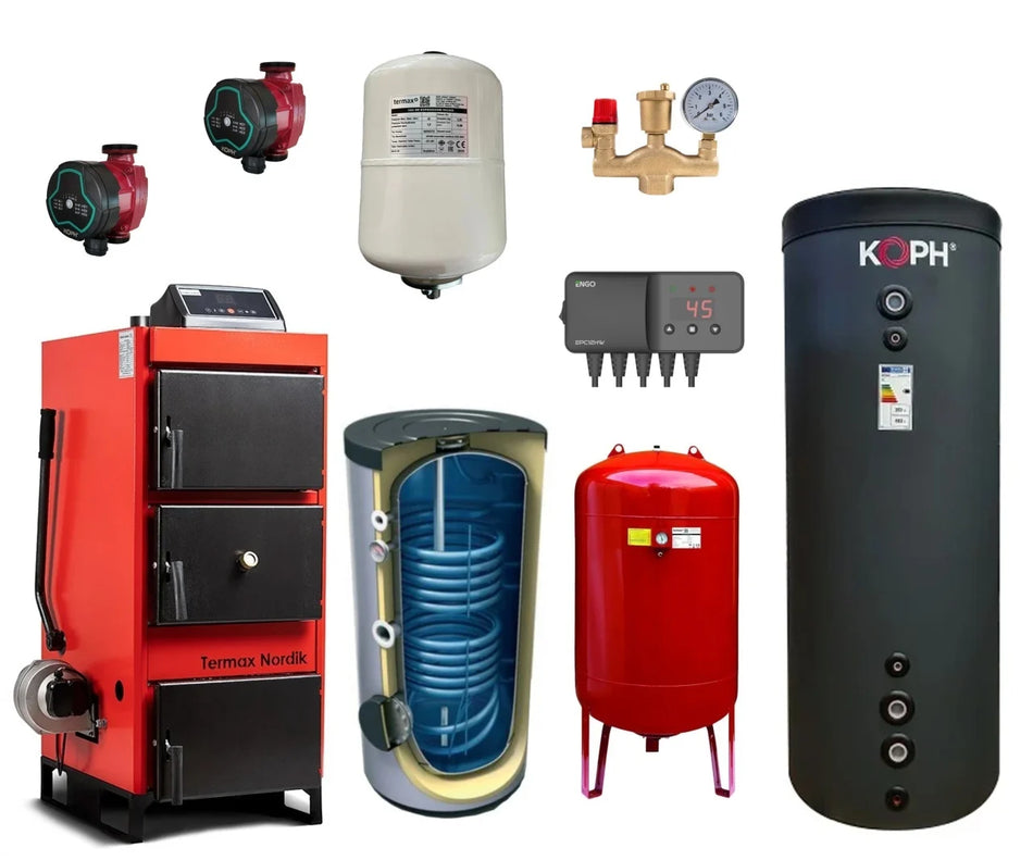 Pachet Centrala/Cazan pe lemn/carbune Termax Nordik 46 kW cu ventilator si automatizare, diametru cos 160 mm, volum manta apa 100 litri, Boiler stativ 200 litri, Vas expansiune, Grup siguranta, Pompe recirculare, Puffer 1000 litri clasa energetica B