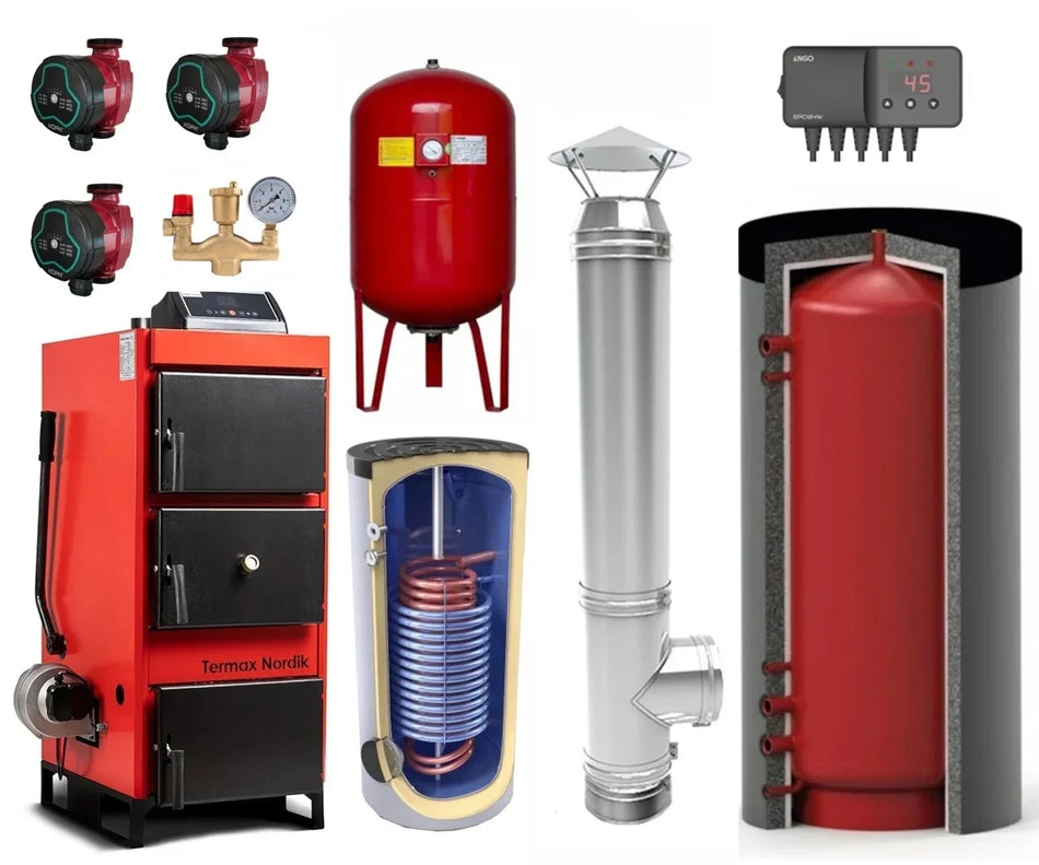 Pachet Centrala/Cazan pe lemn/carbune Termax Nordik 46 kW cu ventilator si automatizare, diametru cos 160 mm, volum manta apa 100 litri, Boiler stativ 300 litri, Vas expansiune, Grup siguranta, Pompe recirculare, Puffer 1500 litri, Controler pompa