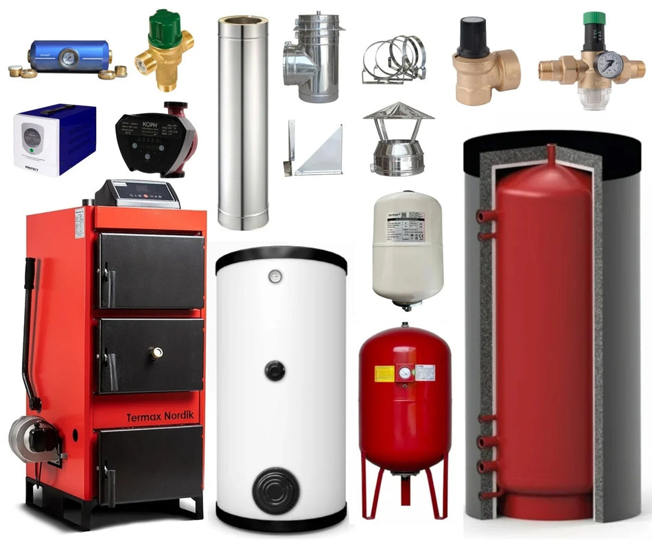 Pachet Centrala/Cazan pe lemn/carbune Termax Nordik 70 kW cu ventilator si automatizare, Øcos fum 180 mm, volum manta apa 130 litri, Boiler stativ 500 litri, Vas expansiune, Supapa siguranta, Pompe recirculare, Puffer 1500 litri, Sursa KOPH 700 W
