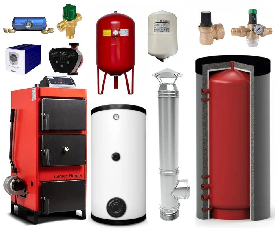 Pachet Centrala/Cazan pe lemn/carbune Termax Nordik 70 kW cu ventilator si automatizare, Øcos fum 180 mm, volum manta apa 130 litri, Boiler stativ 500 litri, Vas expansiune, Supapa siguranta, Pompe recirculare, Puffer 1500 litri, Sursa KOPH 700 W