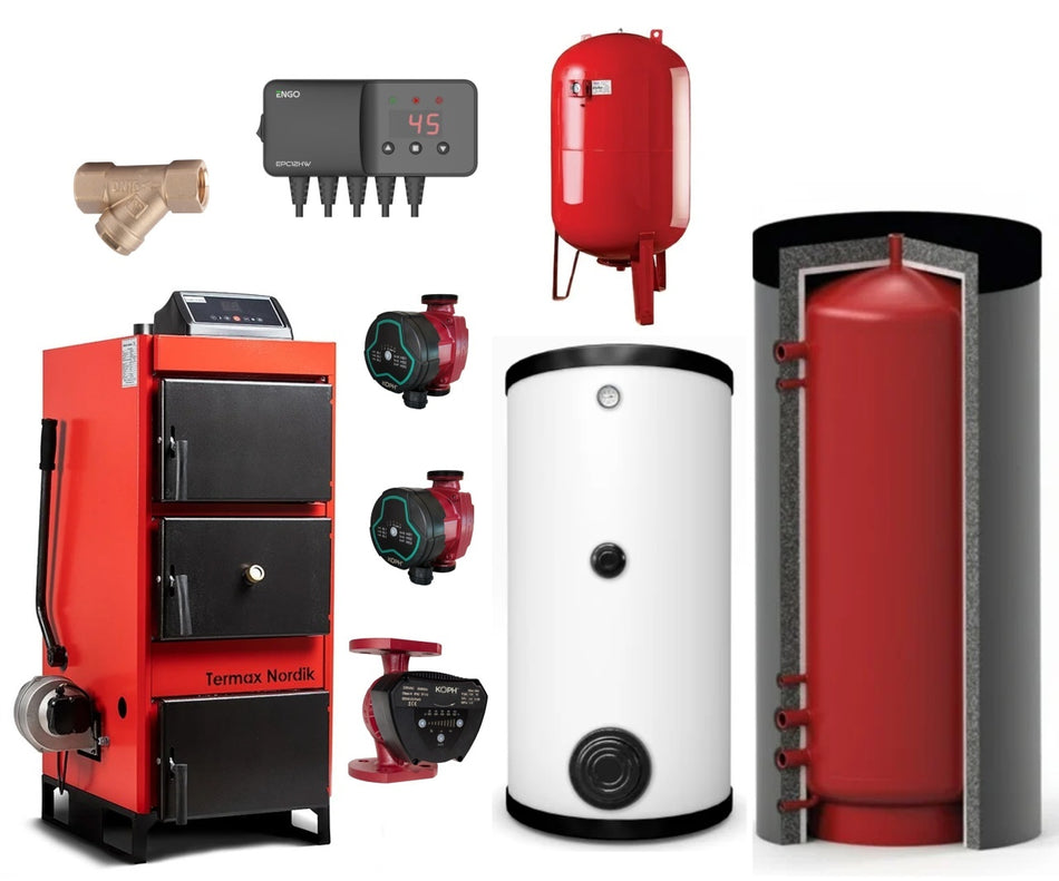 Pachet Centrala/Cazan pe lemn/carbune Termax Nordik 93 kW, cu ventilator si automatizare, Øcos fum 220 mm, volum manta apa 200 litri, Boiler stativ 800 litri, Filtru Y, Vas expansiune, Pompe recirculare, Puffer 2000 litri, Controler pompa