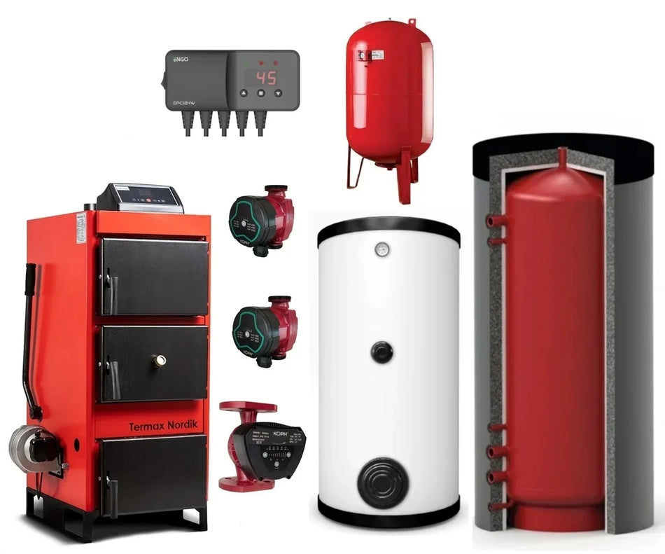 Pachet Centrala/Cazan pe lemn/carbune Termax Nordik 93 kW, cu ventilator si automatizare, Øcos fum 220 mm, volum manta apa 200 litri, Boiler stativ 800 litri, Vas expansiune, Pompe recirculare, Puffer 2000 litri, Controler pompa