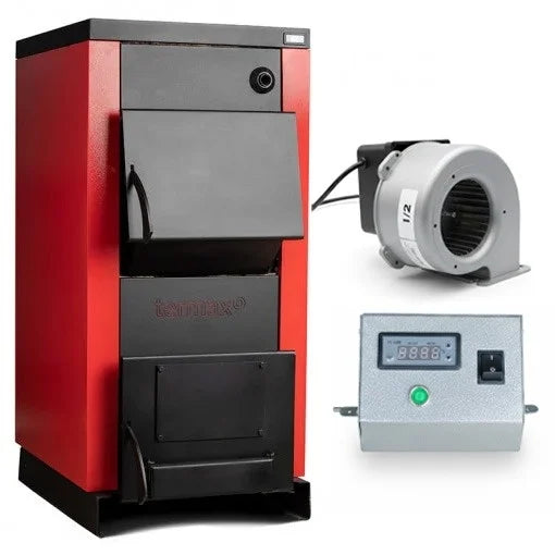 Pachet Centrala/Cazan pe lemn Termax 110 kW, cu ardere standard, volum manta apa 210 litri, cu sistem de automatizare si ventilator pentru tiraj fortat/controlat