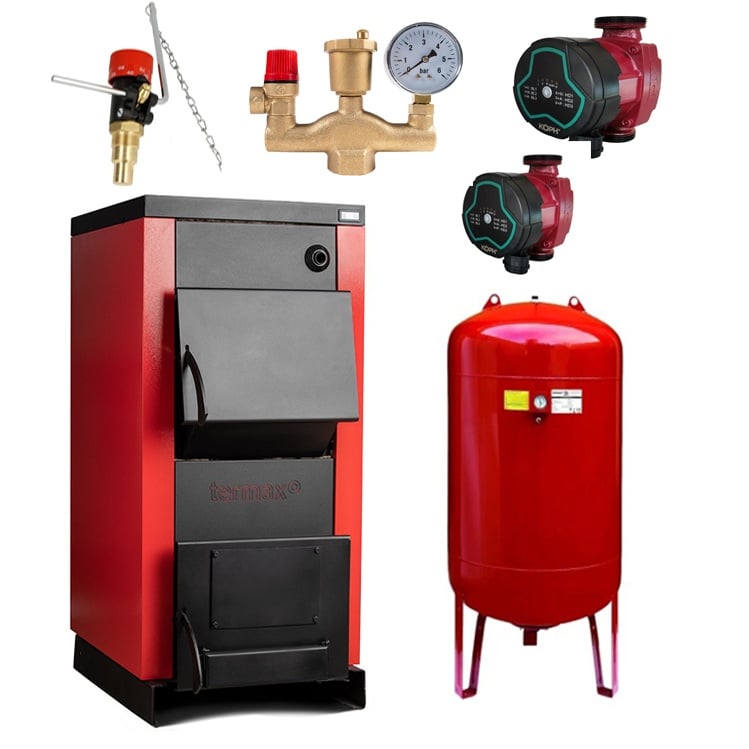 Pachet Centrala/Cazan pe lemn Termax 25 kW, cu ardere standard, volum manta apa 75 litri, grup siguranta, pompa recirculare, regulator de tiraj, vas expansiune