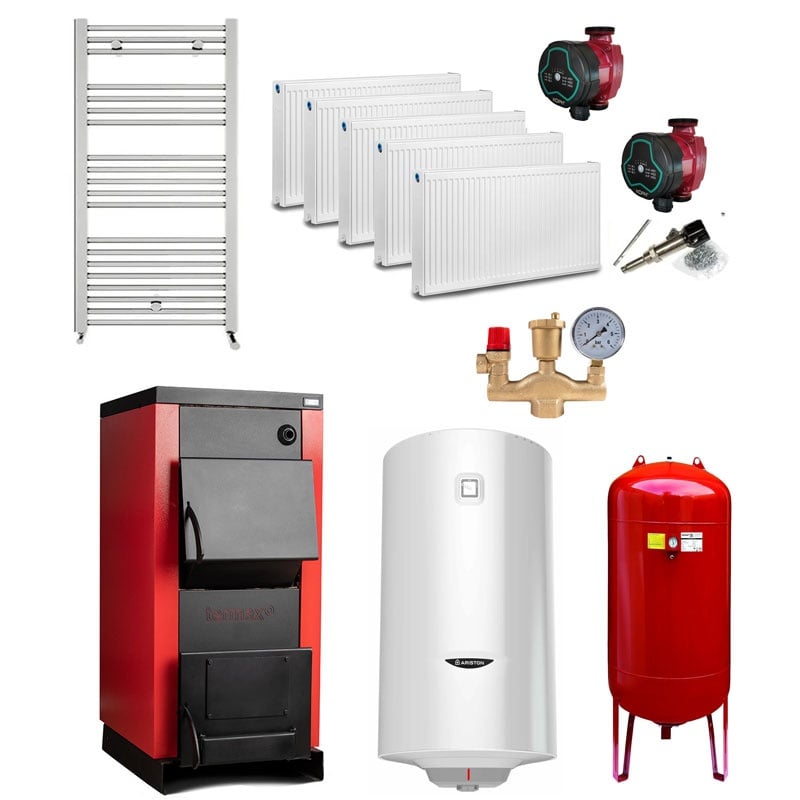 Pachet Centrala/Cazan pe lemn Termax 25 kW, cu ardere standard, volum manta apa 75 litri, grup siguranta, pompa recirculare, regulator de tiraj, vas expansiune, boiler, radiatoare