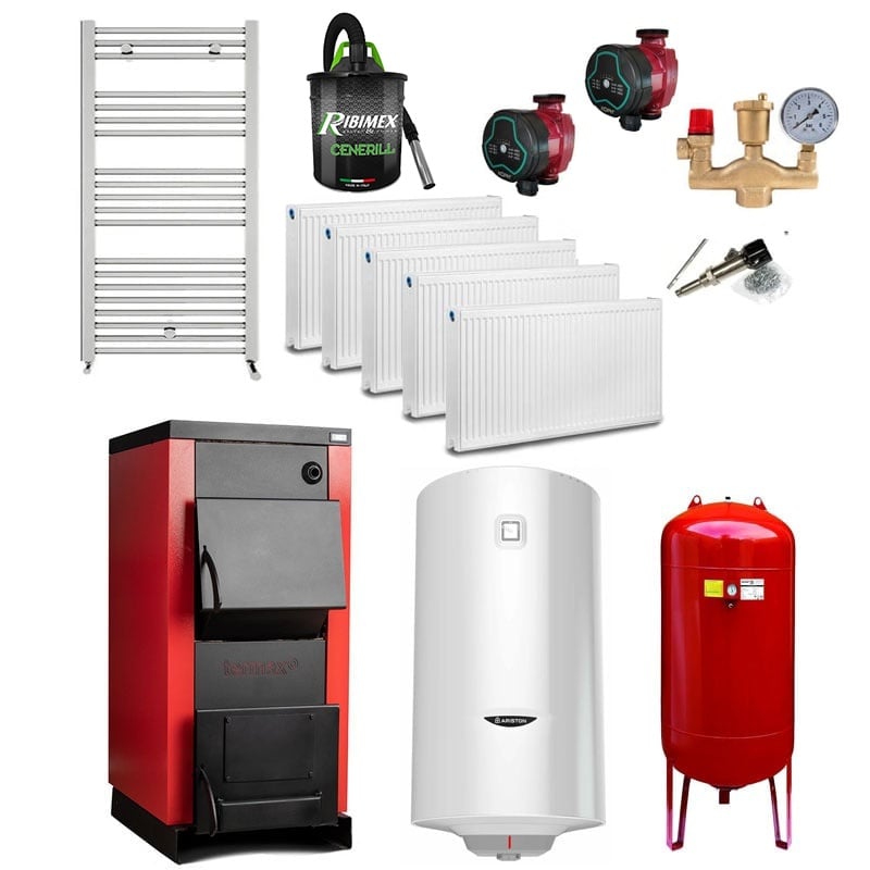 Pachet Centrala/Cazan pe lemn Termax 25 kW, cu ardere standard, volum manta apa 75 litri, grup siguranta, pompa recirculare, regulator de tiraj, vas expansiune, boiler, radiatoare