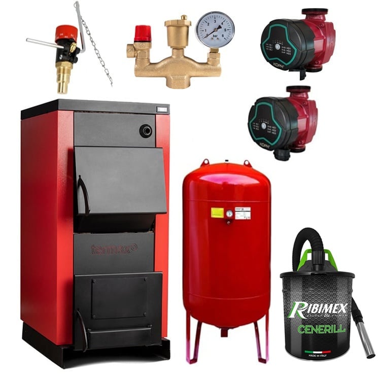 Pachet Centrala/Cazan pe lemn Termax 25 kW, cu ardere standard, volum manta apa 75 litri, grup siguranta, pompa recirculare, regulator de tiraj, vas expansiune