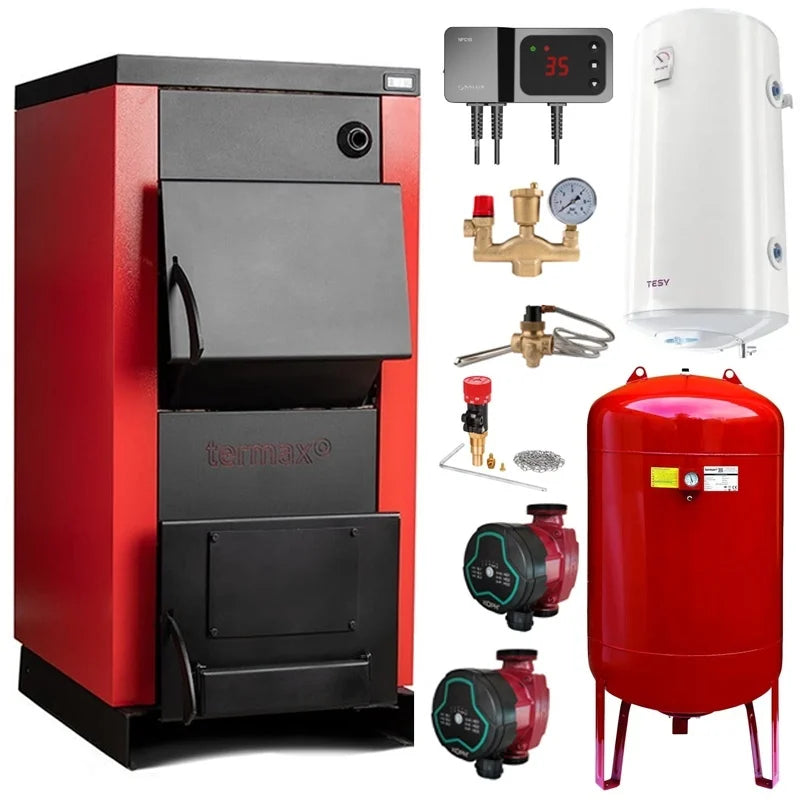 Pachet Centrala/Cazan pe lemn Termax 25 kW, cu ardere standard, volum manta apa 75 litri, boiler termoelectric, grup siguranta, pompe recirculare, regulator de tiraj, vas expansiune, supapa termica, controler