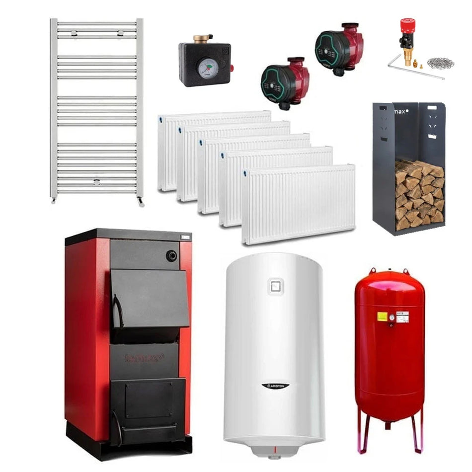 Pachet Centrala/Cazan pe lemn Termax 25 kW, cu ardere standard, volum manta apa 75 litri, grup siguranta, pompa recirculare, regulator de tiraj, vas expansiune, boiler, radiatoare