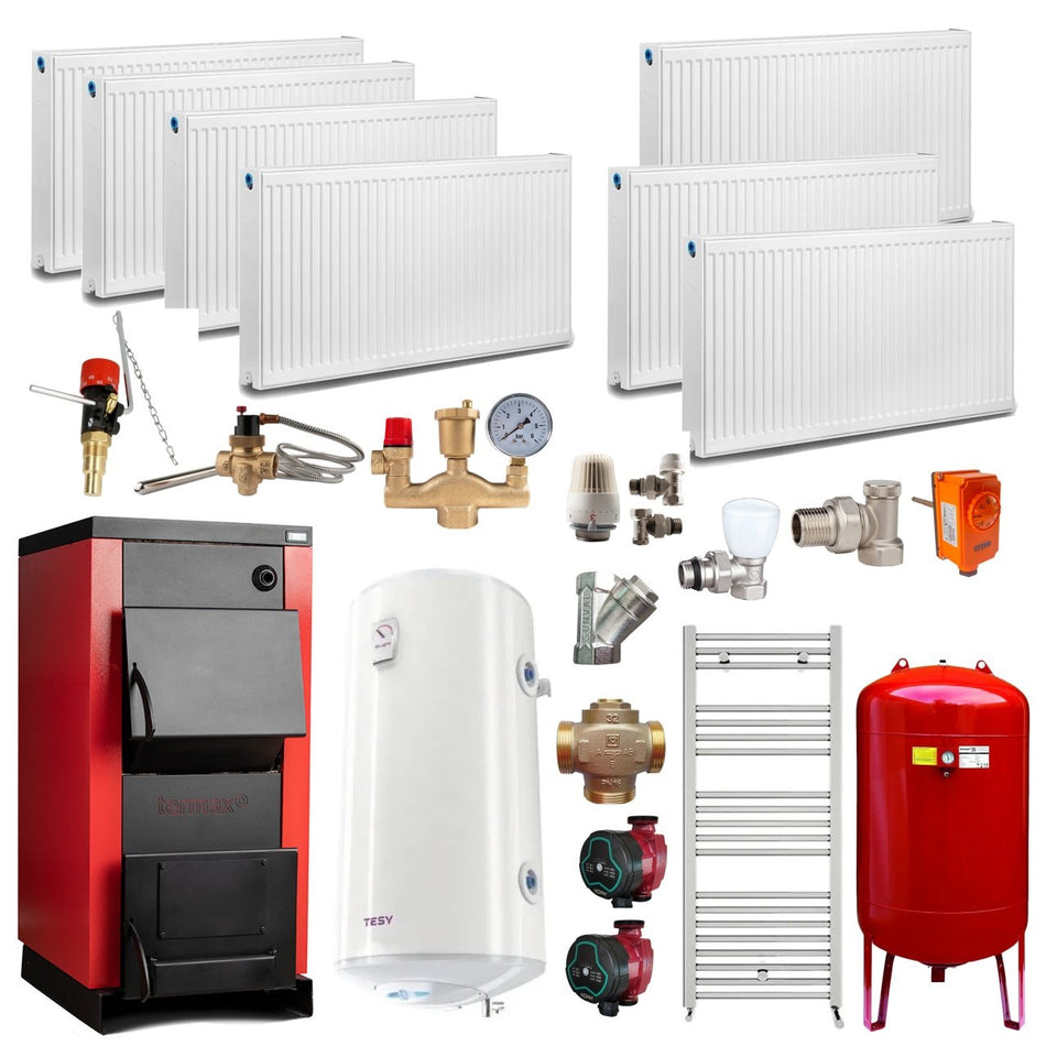 Pachet Centrala/Cazan pe lemn Termax 30 kW, cu ardere standard, volum manta apa 90 litri, Calorifere, Boiler termoelectric, Pompe recirculare, Grup siguranta