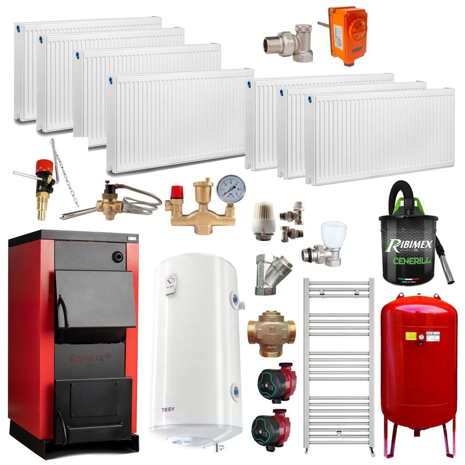 Pachet Centrala/Cazan pe lemn Termax 30 kW, cu ardere standard, volum manta apa 90 litri, Calorifere, Boiler termoelectric, Pompe recirculare, Grup siguranta
