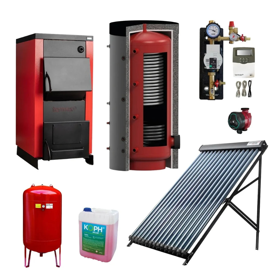 Pachet Centrala/Cazan pe lemn Termax 35 kW, cu ardere standard, volum manta apa 105 litri + Rezervor acumulare KOPH VTA1 cu 2 serpentine, 750 litri + Colector solar cu 24 tuburi vidate, Termax + Grup pompare Herz, G 1", 6 bar + Vas expansiune 80 litri