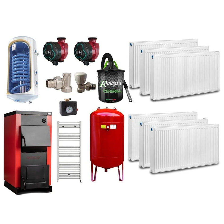 Pachet centrala/Cazan pe lemn Termax 35 kW, cu ardere standard, volum manta apa 105 litri, Calorifere, Vas Expansiune, Boiler termoelectric, Pompe Recirculare