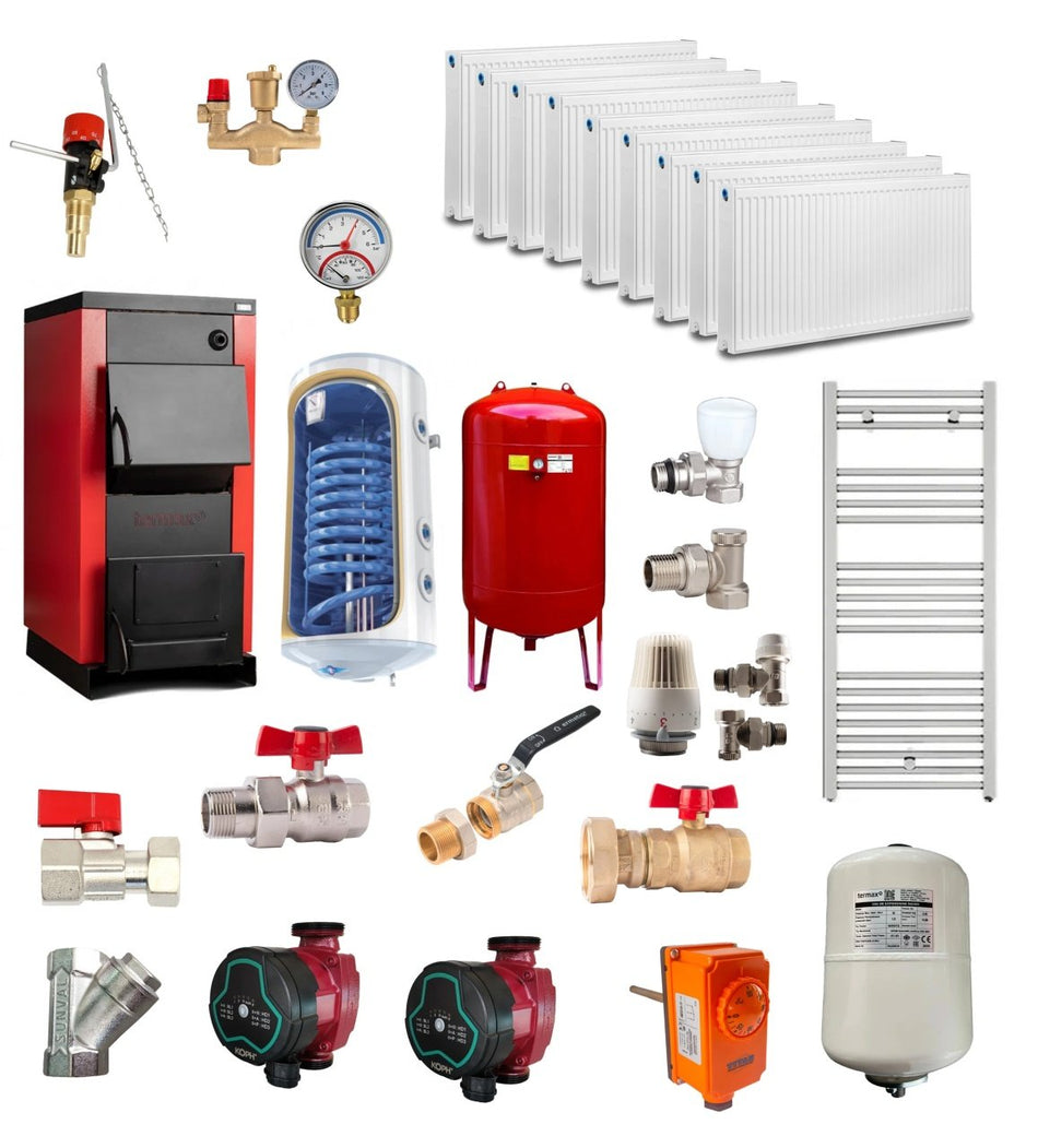 Pachet Centrala/Cazan pe lemn Termax 40 kW, cu ardere standard, volum manta apa 120 litri, Calorifere, Boiler termoelectric, Pompe recirculare, Vas expansiune