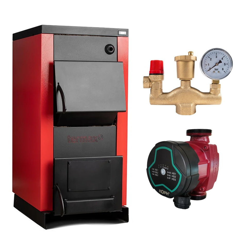 Pachet Centrala/Cazan pe lemn Termax 25 kW, cu ardere standard, volum manta apa 75 litri, Grup Siguranta, Pompa Recirculare
