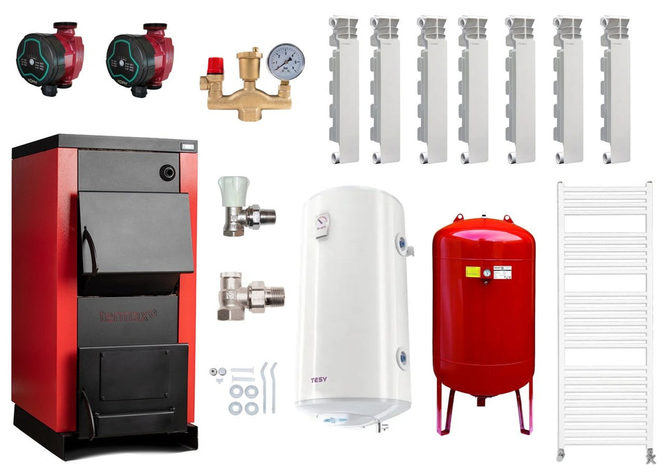 Pachet centrala/cazan pe lemn Termax 50 kW, cu ardere standard, volum manta apa 140 litri, Vas expansiune, Elementi din aluminiu Fondital, Robineti Tur/Retur