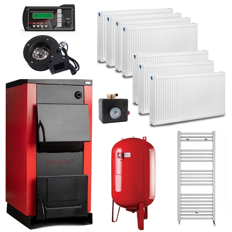Pachet Centrala/Cazan pe lemn Termax 50 kW + Ventilator si Automatizare, Calorifere, Vas Expansiune, Grup Siguranta