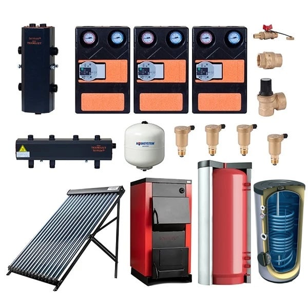 Pachet centrala/cazan Termax 40 kW echipata cu Puffer 1000 litri, Butelie de egalizare, Grupuri de pompare, Boiler stativ 200 litri, Colector solar 24 tuburi si accesorii