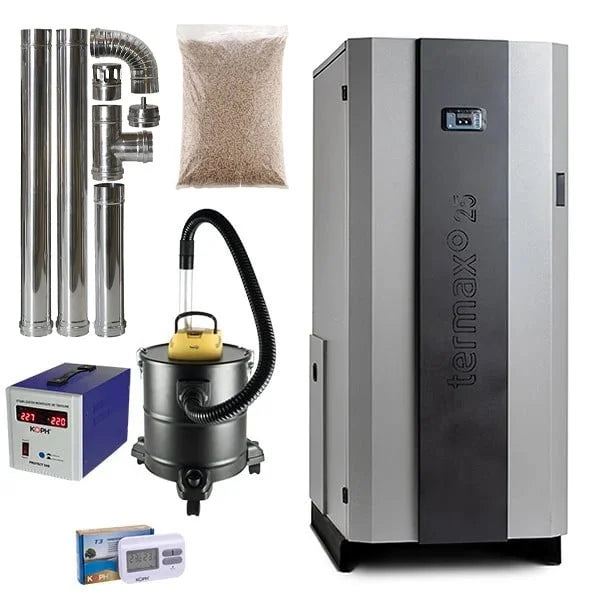 Pachet centrala cu peleti Termax Compact 25 kW, 170 mp, buncar peleti 75 kg, volum apa 60 litri, diametru cos fum ⌀80 mm, vas expansiune si pompa recirculare incluse