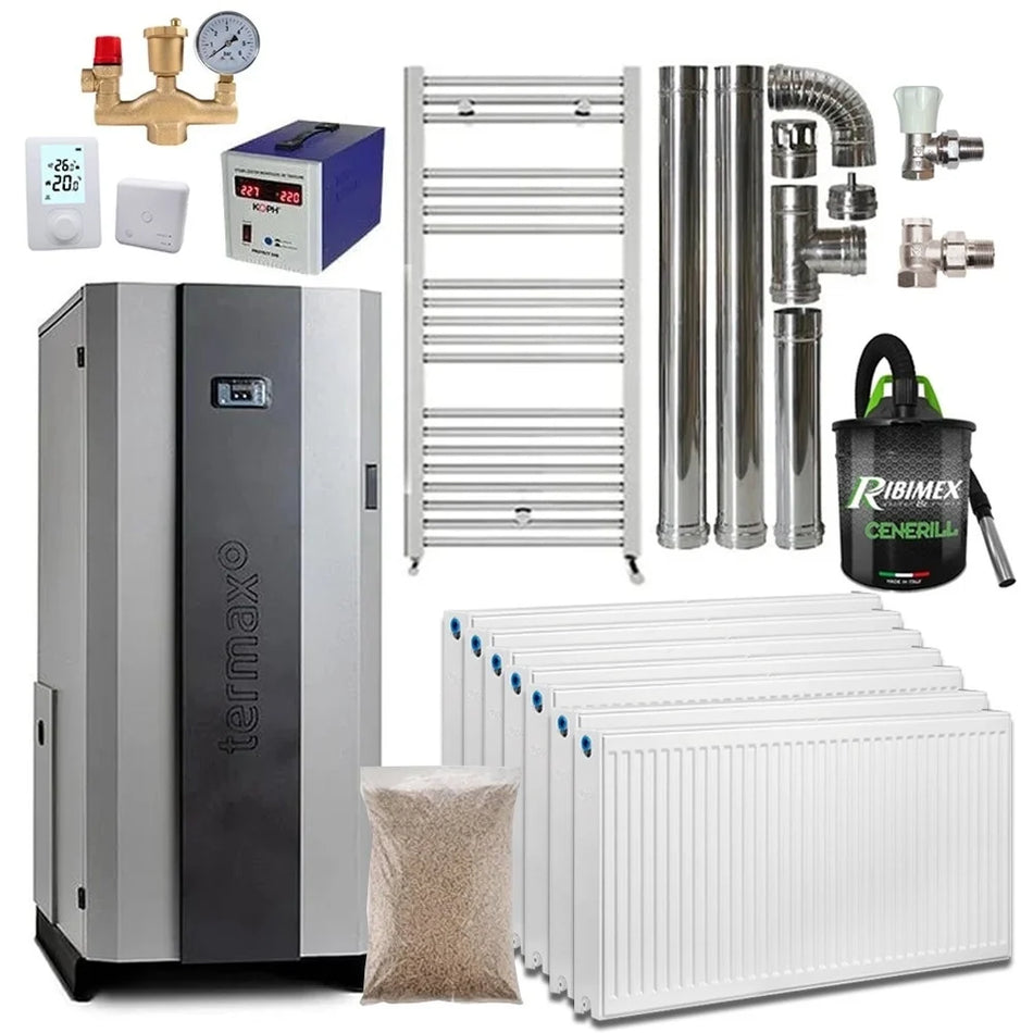 Pachet centrala cu peleti Termax Compact 30 kW, 200 mp, buncar peleti 90 kg, volum apa 70 litri, diametru cos fum ⌀80 mm, vas expansiune si pompa recirculare incluse, Calorifere, Robineti tur/retur si Grup siguranta