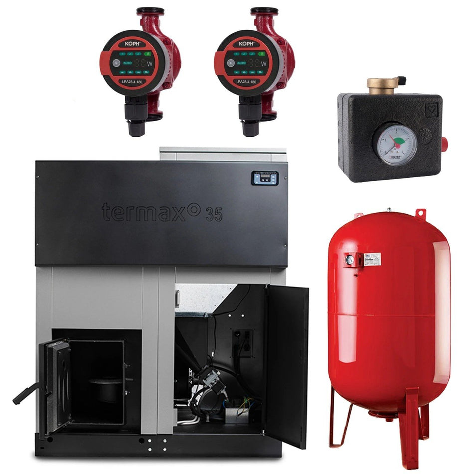 Pachet centrala cu peleti Termax ECO GRI 50 kW, 330 mp, buncar peleti 170 kg, vas expansiune 50 litri, pompe de recirculare, grup de siguranta Herz