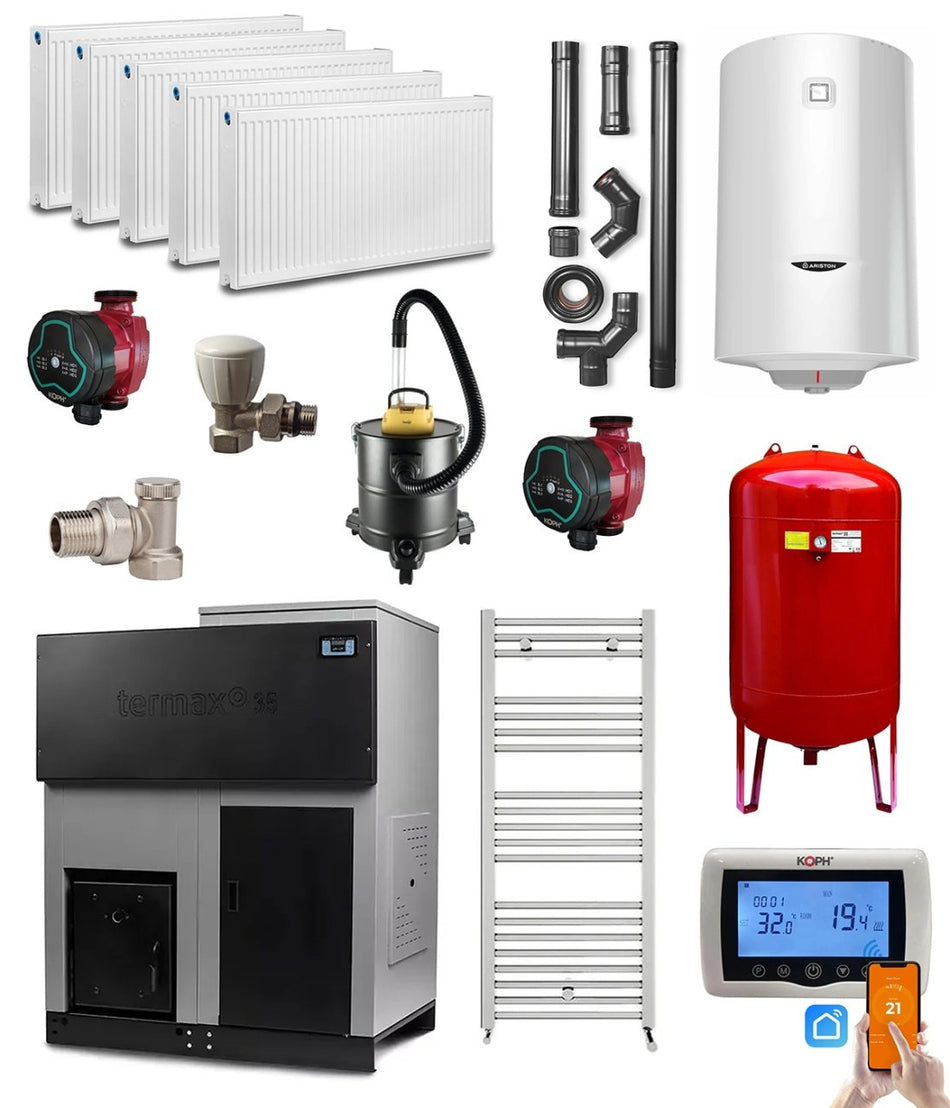 Pachet centrala cu peleti Termax ECO GRI 35 kW, 220 mp, buncar peleti 130 kg, volum apa 95 litri, diametru cos fum ⌀80 mm, Calorifere, Pompe Recirculare, Boiler termoelectric 100 litri, Vas expansiune 50 litri, Termostat inteligent KOPH CT 99