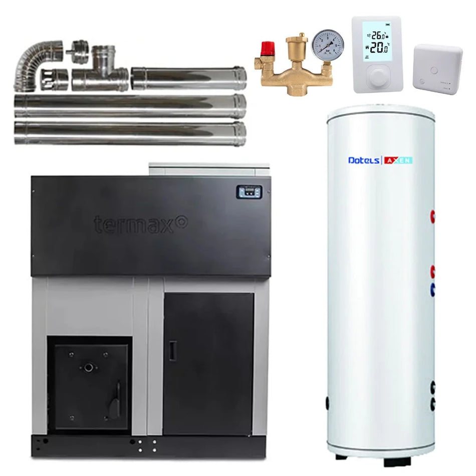 Pachet centrala cu peleti Termax ECO GRI 35 kW, 220 mp, buncar peleti 130 kg, volum apa 95 litri, diametru cos fum ⌀80 mm, Boiler stativ cu serpentina marita 2 in 1 ACM & Buffer, Grup siguranta, Termostat 303RF KOPH si Kit cos fum interior