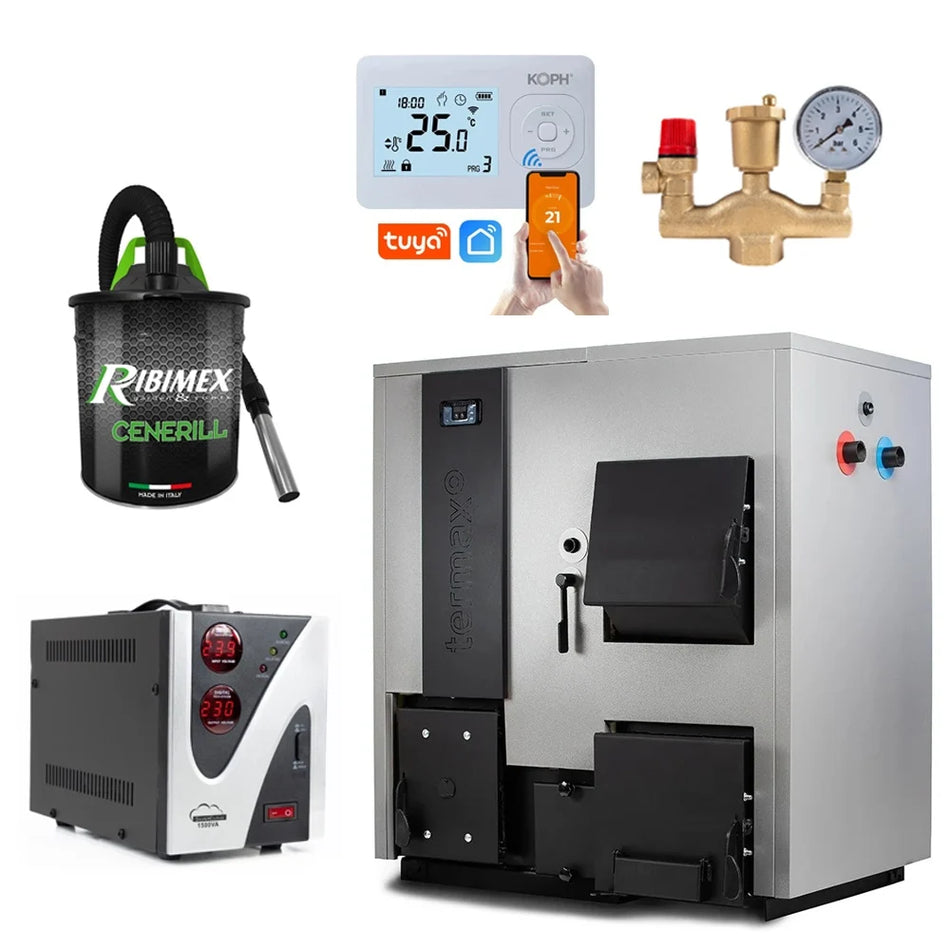 Pachet centrala mixta lemn/pelet Termax Combo 35 kW, volum manta apa 122 litri, Grup siguranta, Stabilizator tensiune, Termostat inteligent KOPH I302 si Aspirator cenusa 1000 W