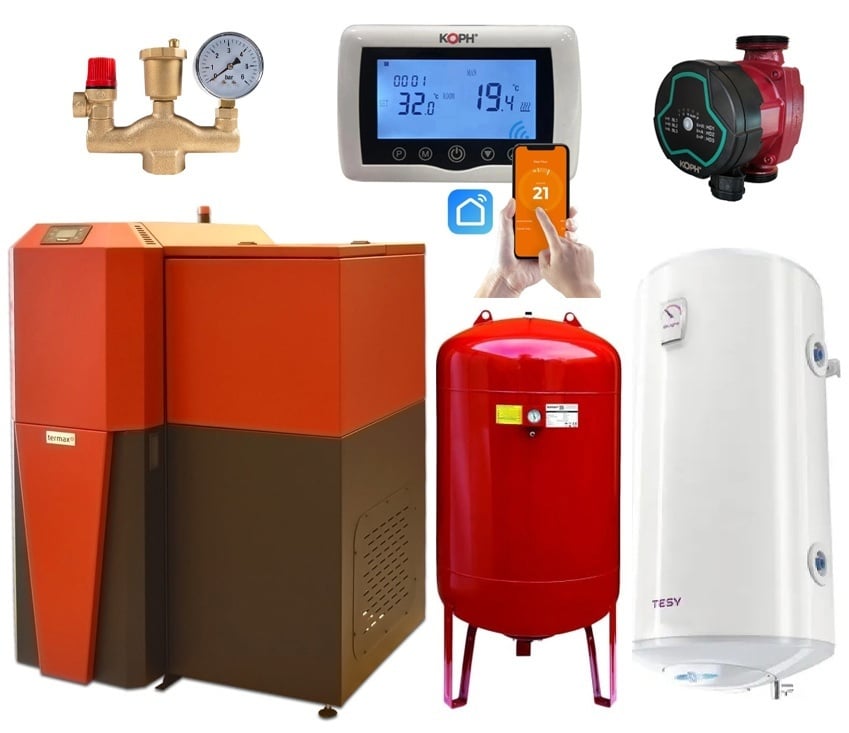 Pachet centrala mixta lemn/pelet Termax Tera 28 kW, 185 mp, buncar peleti 95 kg, volum manta apa 75 litri, diametru cos Ø120 mm, Termostat ambiental KOPH CT99, Pompa recirculare, Boiler termoelectric 100 litri, Grup siguranta