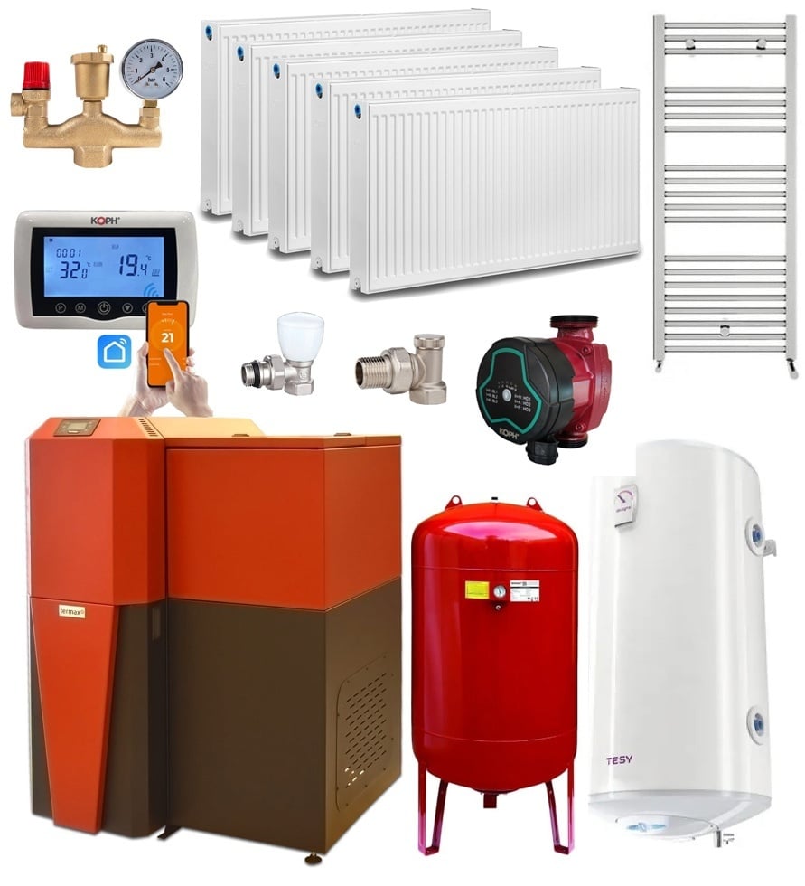 Pachet centrala mixta lemn/pelet Termax Tera 28 kW, 185 mp, buncar peleti 95 kg, volum manta apa 75 litri, diametru cos Ø120 mm, Termostat ambiental KOPH CT99, Pompa recirculare, Boiler termoelectric 100 litri, Grup siguranta, Calorifere si Robineti