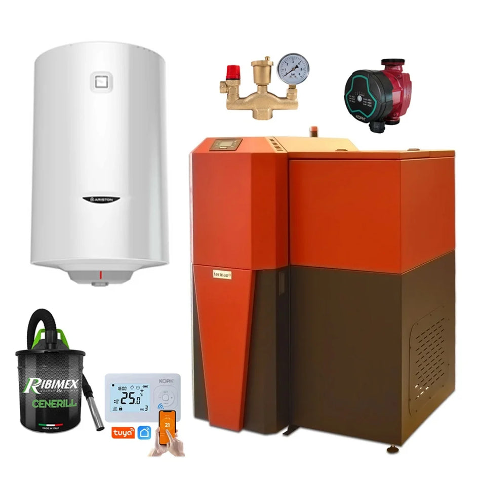 Pachet centrala mixta lemn/pelet Termax Tera 28 kW, 185 mp, buncar peleti 95 kg, volum manta apa 75 litri, diametru cos Ø120 mm, Termostat inteligent KOPH I302, Pompa recirculare, Boiler termoelectric Ariston 100 litri, Grup siguranta, Aspirator cenusa
