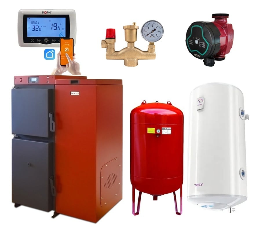 Pachet centrala mixta lemn/pelet Termax Tera 40 kW, 265 mp, buncar peleti 120 kg, volum manta apa 100 litri, diametru cos Ø120 mm, Termostat ambiental KOPH CT99, Pompa recirculare, Boiler termoelectric 100 litri, Grup siguranta