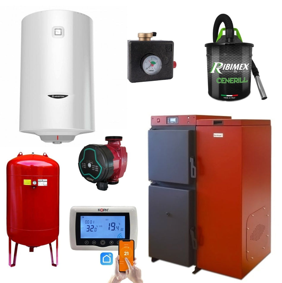 Pachet centrala mixta lemn/pelet Termax Tera 40 kW, 265 mp, buncar peleti 120 kg, volum manta apa 100 litri, diametru cos Ø120 mm, Boiler termoelectric 100 litri, Grup siguranta, Pompa recirculare, Vas expansiune, Termostat inteligent KOPH CT99