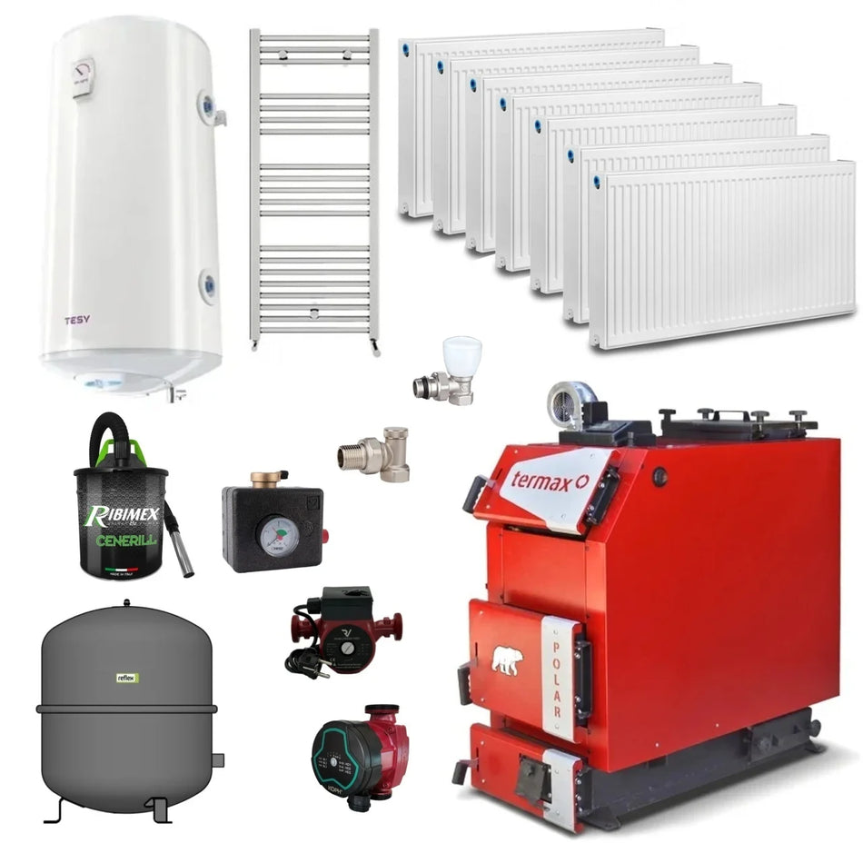 Pachet centrala pe lemn/carbune Termax Polar 40 kW cu ventilator si automatizare, 250 m², Ø cos fum 220 mm, volum manta apa 140 litri, grosime focar 6 mm, randament 86%, Calorifere, Pompe de recirculare, Grup siguranta, Vas expansiune