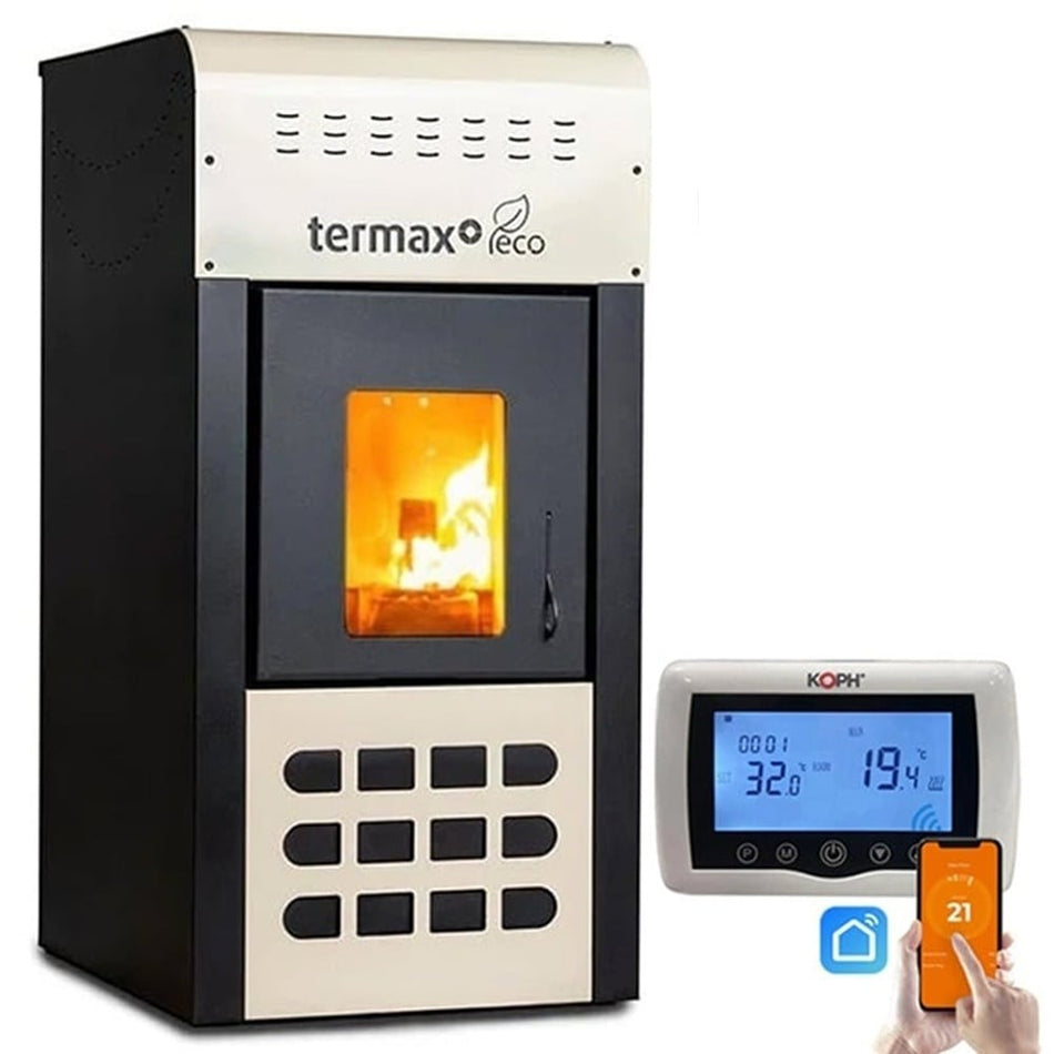 Pachet control inteligent - Termosemineu pe peleti Termax Kamin ECO, 25 kW, 160 mp, buncar peleti 45 kg, volum apa 42 litri, diametru cos fum ⌀80 mm, vas expansiune, pompa recirculare incluse, Crem si Termostat inteligent KOPH CT99 fara fir, cu WiFi